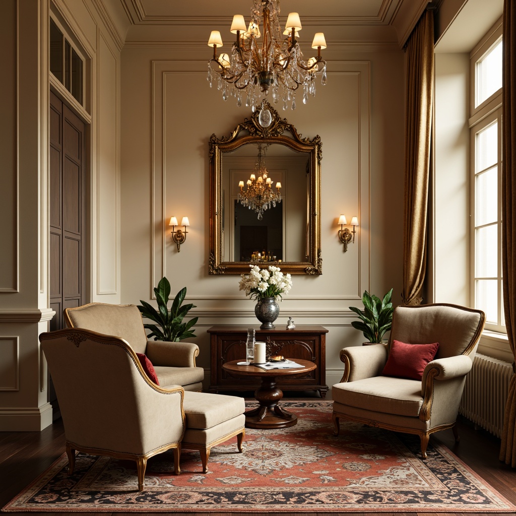 Prompt: Elegant armchairs, ornate wooden legs, velvet upholstery, carved mahogany tables, crystal chandeliers, intricately patterned rugs, gilded mirror frames, ornamental vases, luxurious drapery, subtle earth tones, warm beige walls, refined architectural details, symmetrical compositions, soft golden lighting, shallow depth of field, 1/1 composition, realistic textures, ambient occlusion.