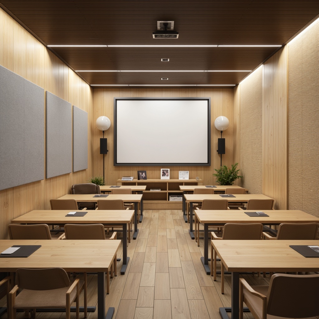 Prompt: Modern classroom interior, sound-absorbing materials, acoustic panels, minimal reverberation, optimized speaker placement, clear audio transmission, ergonomic seating arrangements, natural wood tones, subtle color palette, soft overhead lighting, calm atmosphere, shallow depth of field, 1/1 composition, realistic textures, ambient occlusion.