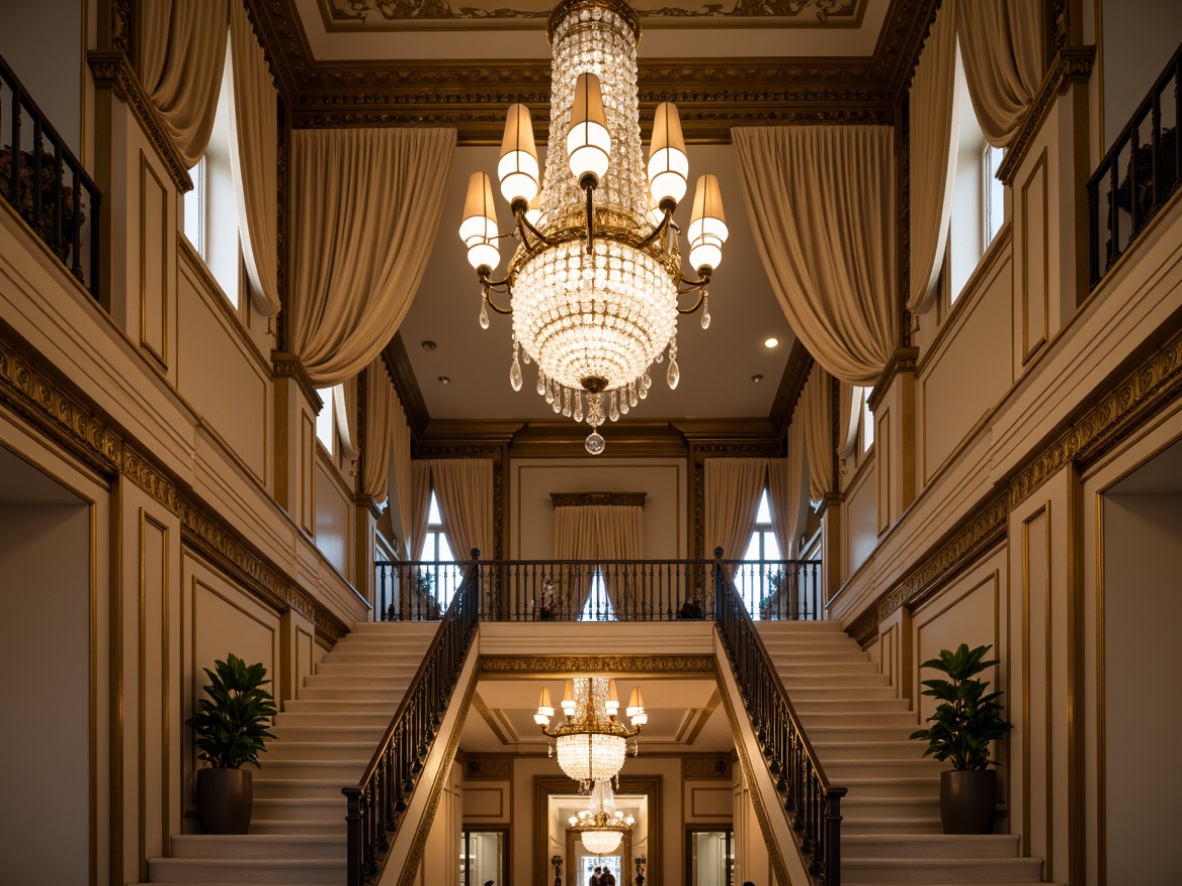 Prompt: Elegant chandeliers, ornate sconces, crystal droplets, polished bronze finishes, cream-colored shades, intricate metalwork, luxurious drapery, ornamental cornices, carved wooden details, grand staircases, high ceilings, symmetrical compositions, soft warm glow, subtle shading, 1/1 composition, realistic reflections, ambient occlusion.