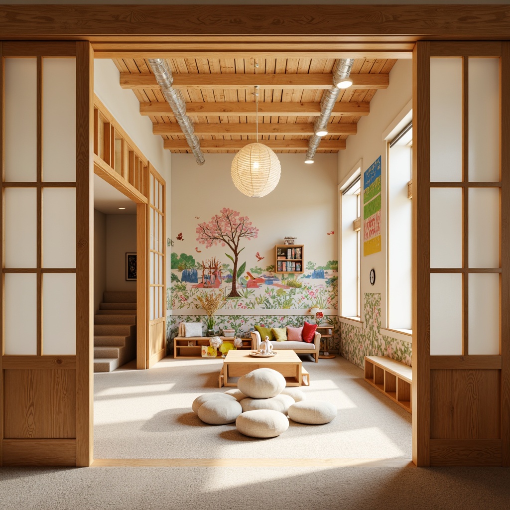 Prompt: Vibrant kindergarten, Asian-inspired architecture, traditional Japanese sliding doors, natural wood accents, paper lanterns, colorful murals, playful wall decals, textured wallpaper, bold geometric patterns, soft pastel colors, warm beige tones, delicate cherry blossom motifs, subtle wood grain textures, gentle diffused lighting, cozy reading nooks, plush carpeted floors, whimsical ceiling decorations, eclectic furniture pieces, lively corridors, dynamic spatial arrangements, 1/1 composition, intimate atmosphere.