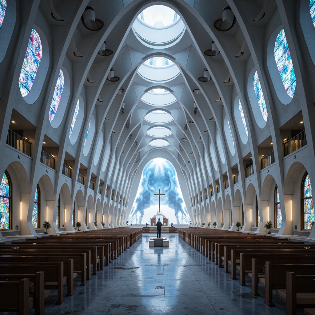 Prompt: Ethereal cathedral, sleek metallic surfaces, curved lines, minimalist chapels, vaulted ceilings, stained glass windows, ornate altars, intricate stone carvings, polished marble floors, ambient soft lighting, misty atmospheric effects, shallow depth of field, 1/1 composition, symmetrical architecture, futuristic pulpits, holographic projections, immersive worship spaces, virtual reality sanctuaries, sacred geometry patterns, celestial-inspired murals, iridescent mosaics.