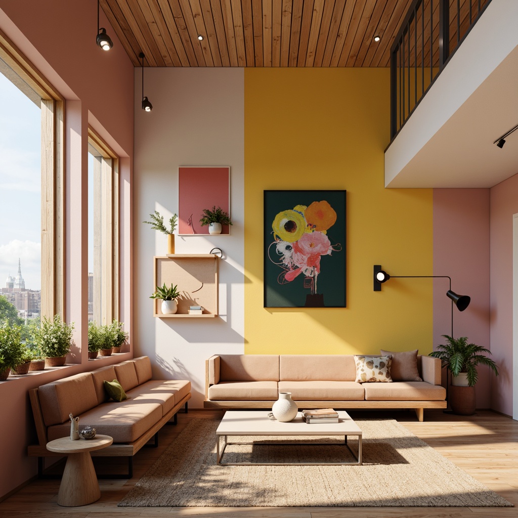 Prompt: Vibrant modern interior, bold accent walls, pastel color scheme, natural wood furniture, metallic decorative accents, soft warm lighting, minimalist decor, sleek lines, Scandinavian-inspired design, earthy tone textiles, monochromatic color palette, atmospheric mood board, artistic abstract patterns, futuristic ambient glow.