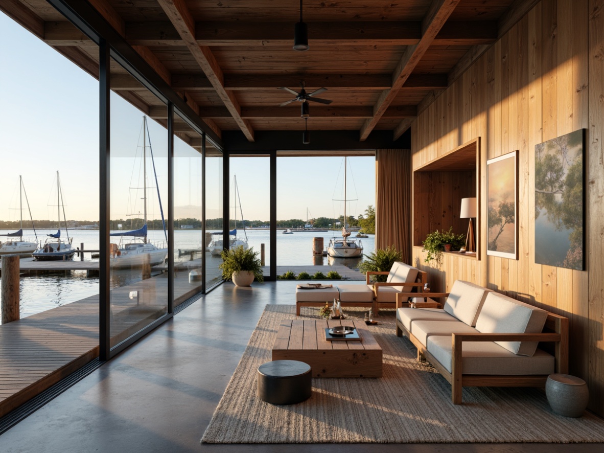 Prompt: Waterfront location, wooden dock, sailboats, nautical elements, open floor plan, high ceilings, large windows, sliding glass doors, natural light, lake or ocean views, rustic wood accents, industrial metal beams, cozy nooks, plush furnishings, modern minimalist decor, abstract artwork, pendant lighting, polished concrete floors, warm earthy tones, soft warm lighting, shallow depth of field, 3/4 composition, panoramic view, realistic textures, ambient occlusion.