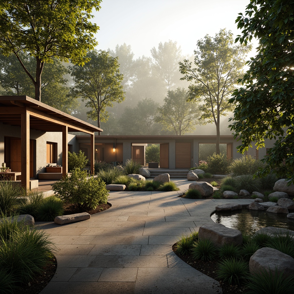 Prompt: Minimalist zoo enclosures, natural stone walls, wooden fencing, lush greenery, tropical plants, misty atmosphere, warm sunlight filtering through trees, rustic wooden benches, animal habitats blending with surroundings, earthy color palette, organic textures, subtle water features, shallow reflection pools, 3/4 composition, soft focus, ambient occlusion, realistic foliage.