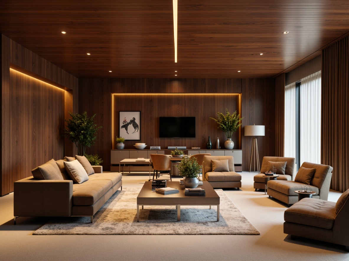 Prompt: Luxe living room, curved lines, minimal ornamentation, polished chrome accents, rich walnut wood panels, velvety soft sofas, tufted leather armchairs, metallic silver coffee tables, sleek low-profile cabinets, subtle ambient lighting, warm beige carpeting, 1/1 composition, shallow depth of field, realistic reflections, detailed textures.