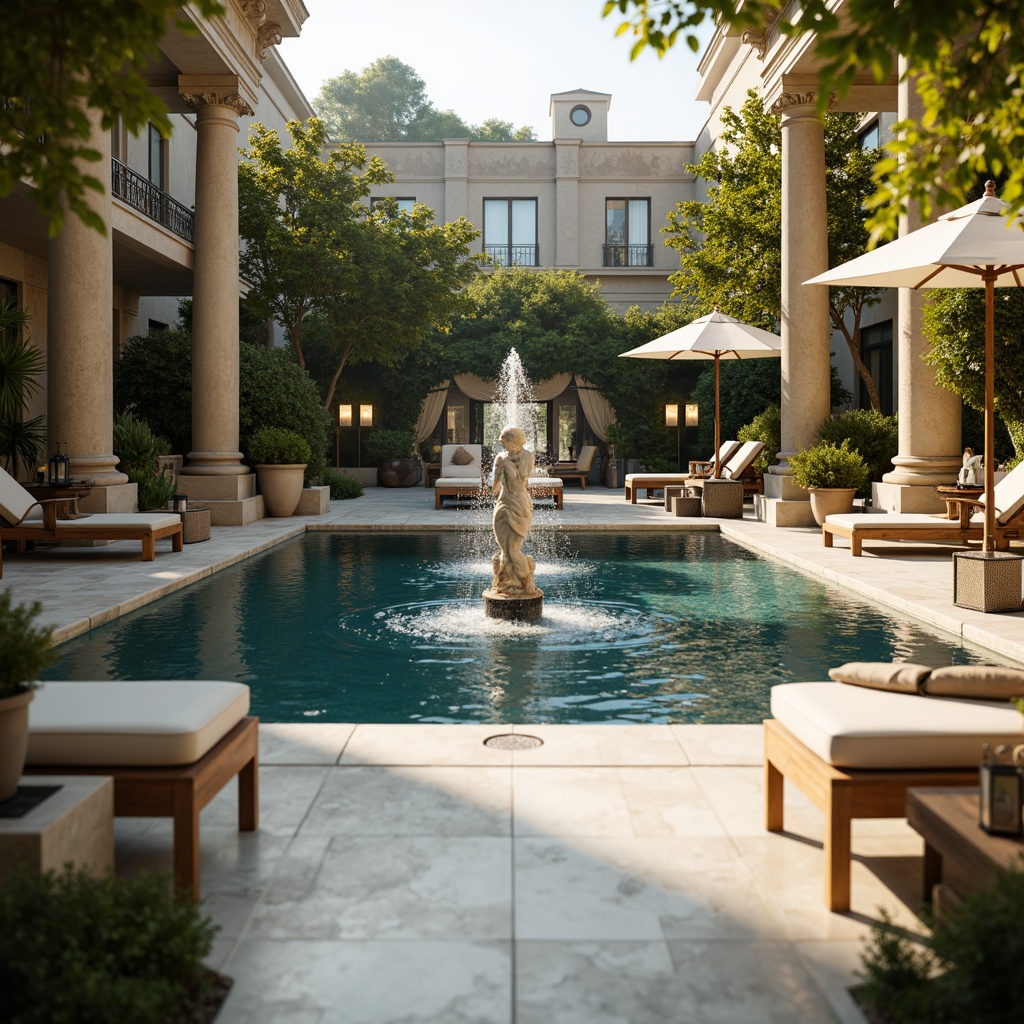 Prompt: Luxurious poolside setting, ornate fountains, marble statues, lush greenery, classic Roman columns, symmetrical architecture, refined wooden deck chairs, plush sun loungers, intricately carved benches, elegant lanterns, warm golden lighting, shallow depth of field, 1/2 composition, realistic textures, ambient occlusion.