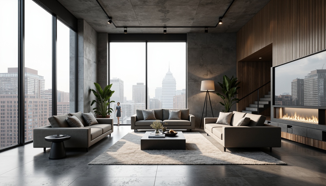 Prompt: Minimalist living room, sleek low-profile furniture, polished concrete floors, industrial-chic metal accents, floor-to-ceiling windows, natural daylight, urban loft atmosphere, monochromatic color scheme, geometric patterns, hidden LED lighting, compact storage solutions, multi-functional spaces, curved lines, open-plan layout, 1/1 composition, softbox lighting, shallow depth of field, realistic textures, ambient occlusion.