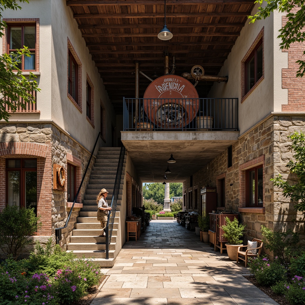 Prompt: Rustic factory facade, weathered wooden accents, distressed metal elements, vintage industrial machinery, earthy color palette, natural stone walls, reclaimed wood flooring, exposed brick ceilings, ornate ironwork, decorative ceramics, colorful tiles, lush greenery, potted plants, warm sunny day, soft natural lighting, shallow depth of field, 3/4 composition, panoramic view, realistic textures, ambient occlusion.Let me know if you need any adjustments!