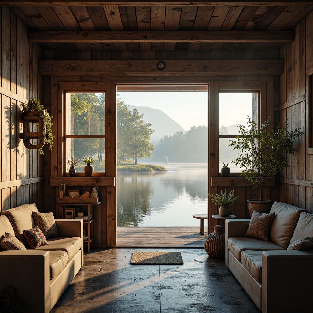 Prompt: Waterfront ambiance, rustic wooden accents, distressed finishes, natural textures, earthy tones, blues and greens, calming atmosphere, warm beige, soft gray, weathered wood, nautical ropes, vintage marine equipment, cozy interior lighting, subtle shine, reflections on water, serene lake views, misty morning, warm golden light, 1/2 composition, atmospheric perspective, realistic render.