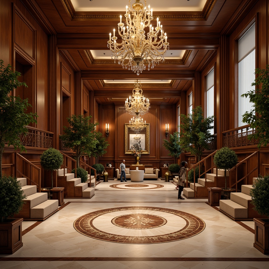 Prompt: Elegant mansion, grand foyer, high ceilings, ornate chandeliers, luxurious carpets, rich wood tones, polished marble floors, intricate inlays, classic herringbone patterns, soft warm lighting, shallow depth of field, 1/2 composition, realistic textures, ambient occlusion.