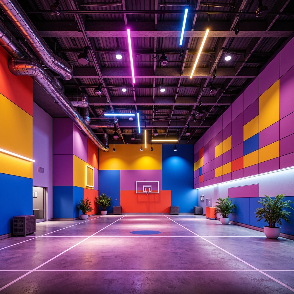 Prompt: Vibrant gymnasium interior, postmodernist architectural style, bold color schemes, abstract geometric patterns, industrial metal beams, exposed ductwork, polished concrete floors, dynamic lighting fixtures, LED strip lights, neon accents, high-contrast shadows, dramatic spotlights, soft ambient glow, warm white tones, 1/2 composition, low-angle shot, cinematic atmosphere, realistic textures, subtle lens flares.