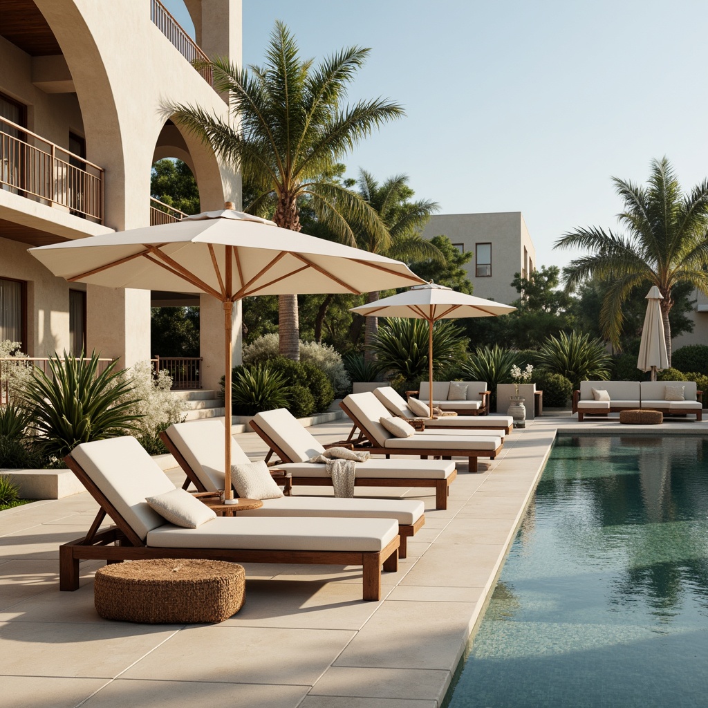 Prompt: Elegant poolside lounge chairs, ornate wooden benches, vintage-inspired umbrellas, natural stone flooring, classical columns, grandiose archways, refined metal railings, luxurious outdoor sofas, plush cushions, soft pastel colors, subtle texture patterns, warm afternoon sunlight, gentle water reflections, serene ambiance, symmetrical composition, realistic renderings.