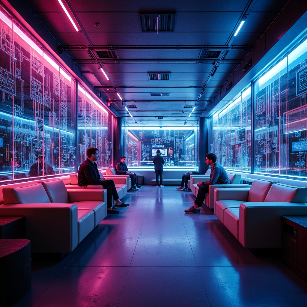 Prompt: Futuristic interior, neon-lit ambiance, glowing accents, holographic projections, iridescent colors, metallic reflections, sleek lines, minimalist decor, avant-garde furniture, translucent materials, LED installations, programmable lighting, immersive experiences, virtual reality integration, cyberpunk aesthetic, high-tech gadgets, sleek consoles, ambient soundscape, 3D visual effects, cinematic atmosphere, shallow depth of field, 1/1 composition, low-key lighting, subtle color grading.