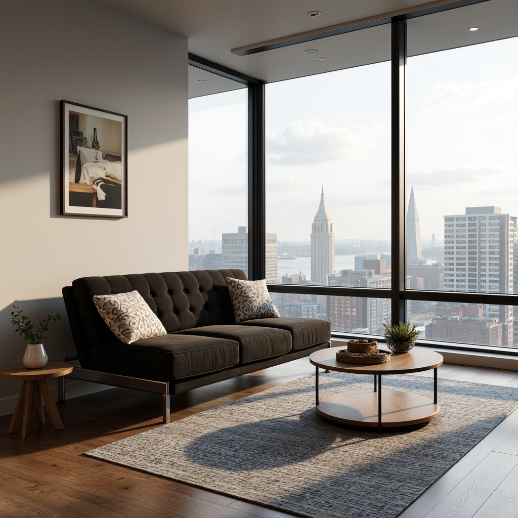 Prompt: Minimalist living room, sleek low-profile sofa, polished metal legs, tufted velvet upholstery, geometric patterned rug, Scandinavian-inspired wooden coffee table, floor-to-ceiling windows, urban city view, soft warm lighting, 1/1 composition, realistic textures, ambient occlusion, monochromatic color scheme, clean lines, minimal ornamentation, functional simplicity.