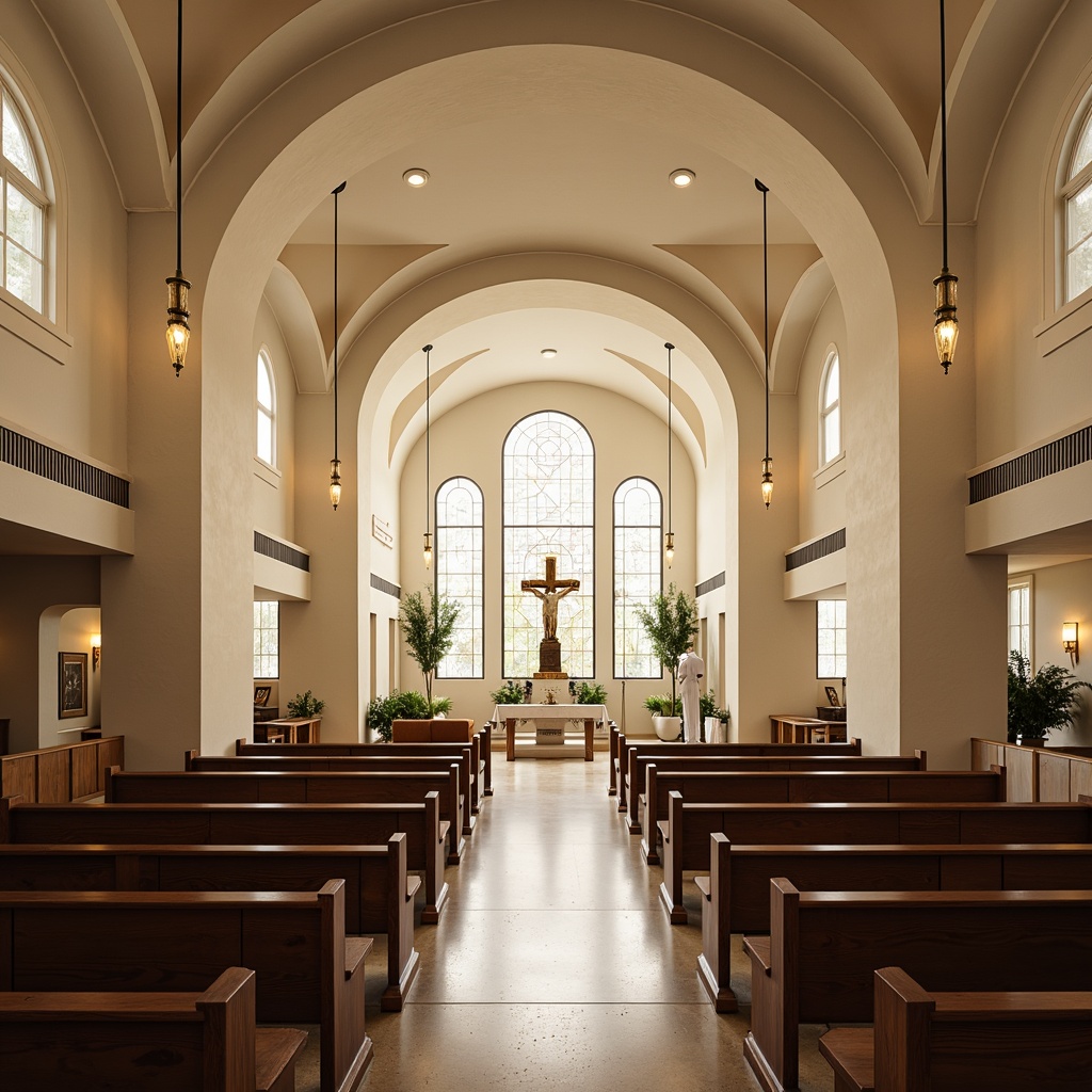 Prompt: Elegant chapel, curved lines, minimalist decor, polished chrome fixtures, suspended ceiling lamps, indirect lighting, warm ambient glow, cream-colored walls, dark wood accents, ornate stained glass windows, geometric patterns, abstract sculptures, modern religious symbols, calming atmosphere, soft natural light, subtle shadows, 1/2 composition, symmetrical framing, realistic textures, subtle depth of field.