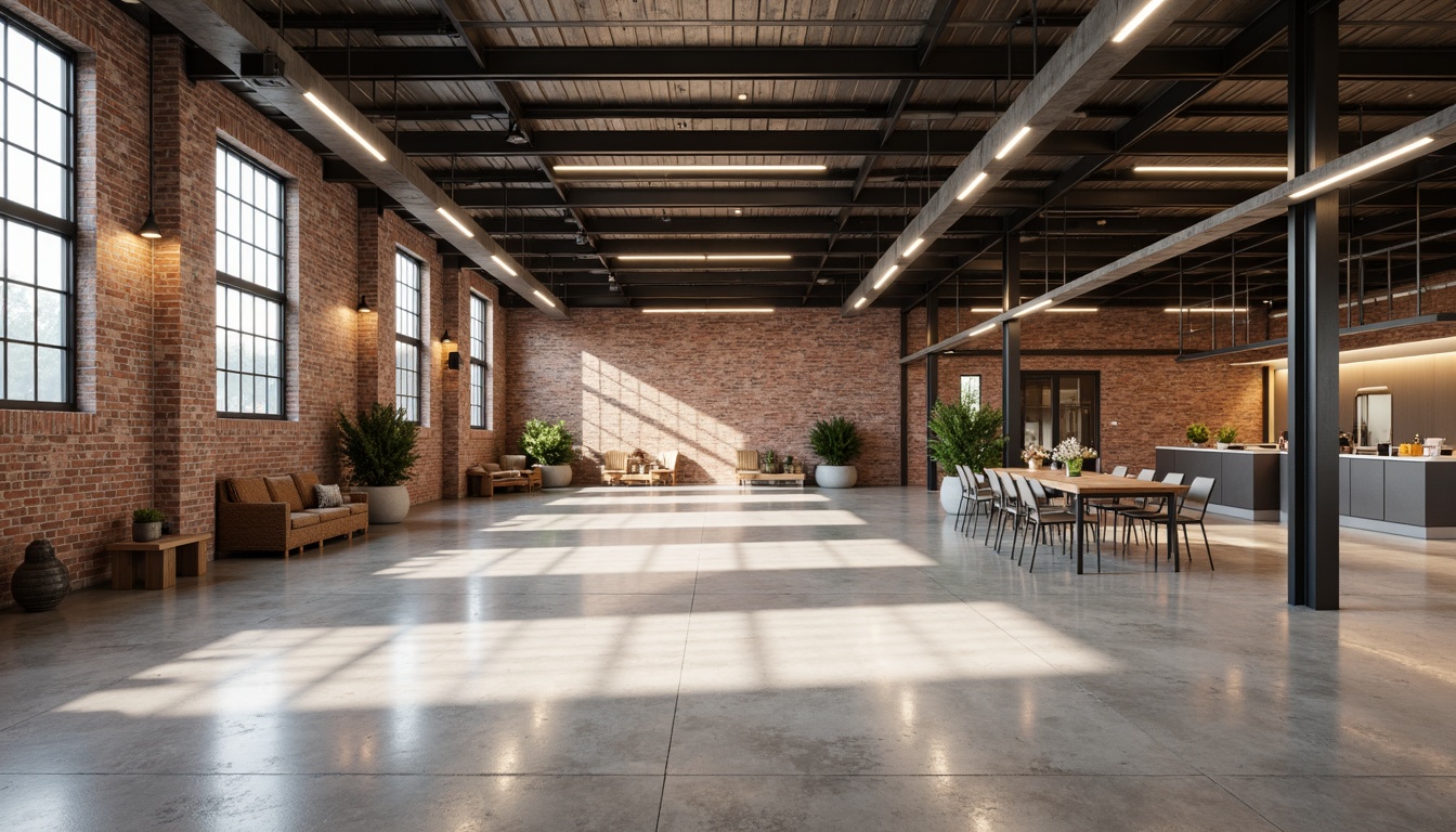 Prompt: Industrial warehouse, Scandinavian minimalist style, exposed brick walls, polished concrete floors, metal beams, functional lighting fixtures, suspended linear lights, LED strip lights, warm white tone, high ceiling, open space, modern industrial design, functional decor, minimal ornamentation, rustic wood accents, steel columns, Nordic-inspired color palette, softbox lighting, 1/1 composition, realistic textures, ambient occlusion.