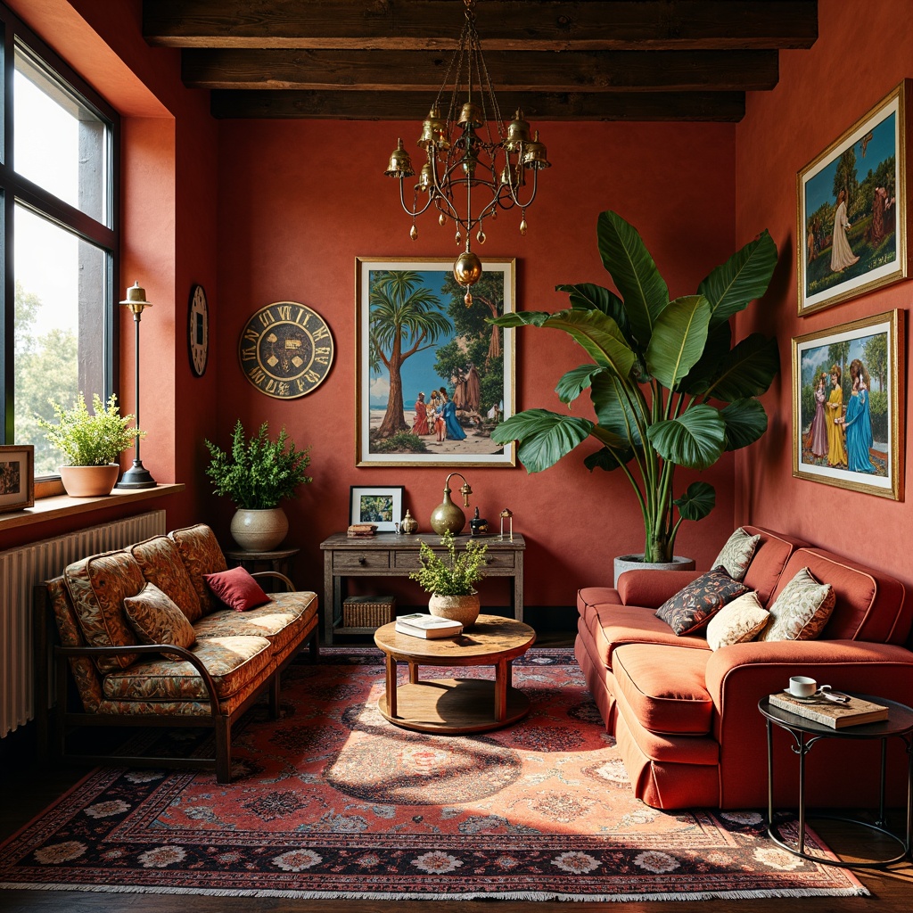 Prompt: Vibrant eclectic interior, bold color palette, contrasting textures, vintage furniture pieces, eclectic artwork, patterned rugs, plush throw pillows, rich wood accents, ornate metal details, distressed finishes, bohemian-inspired decor, global cultural influences, warm golden lighting, soft focus, atmospheric ambiance, cinematic composition.