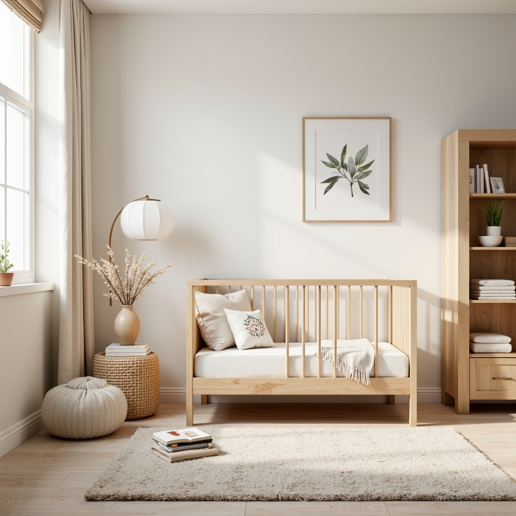 Prompt: Modern crib, soft pastel colors, gentle textures, creamy whites, warm beige tones, natural wood accents, minimalist decor, subtle patterns, calming ambiance, cozy reading nook, plush area rug, soothing color palette, gentle lighting, 1/1 composition, shallow depth of field, realistic textures.