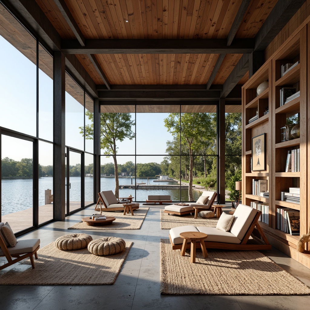 Prompt: Waterfront location, rustic wooden dock, serene lake views, open floor plan, boathouse design, modern minimalism, natural wood accents, large windows, sliding glass doors, industrial metal beams, polished concrete floors, cozy reading nooks, built-in shelving, plush area rugs, nautical-themed decor, vintage boat elements, warm ambient lighting, shallow depth of field, 1/1 composition, realistic textures, soft focus background.