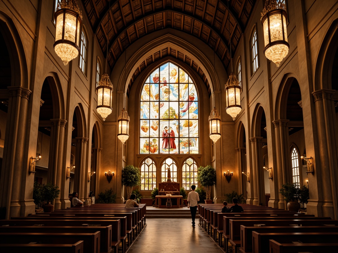 Prompt: Elegant church interior, stunning stained glass windows, warm golden lighting, ornate chandeliers, subtle LED accents, soft warm glow, ambient illumination, dramatic high ceilings, traditional architectural style, rich wood tones, intricate stone carvings, peaceful atmosphere, reverent ambiance, gentle spotlighting, 1/2 composition, natural light filtering, realistic textures, ambient occlusion.