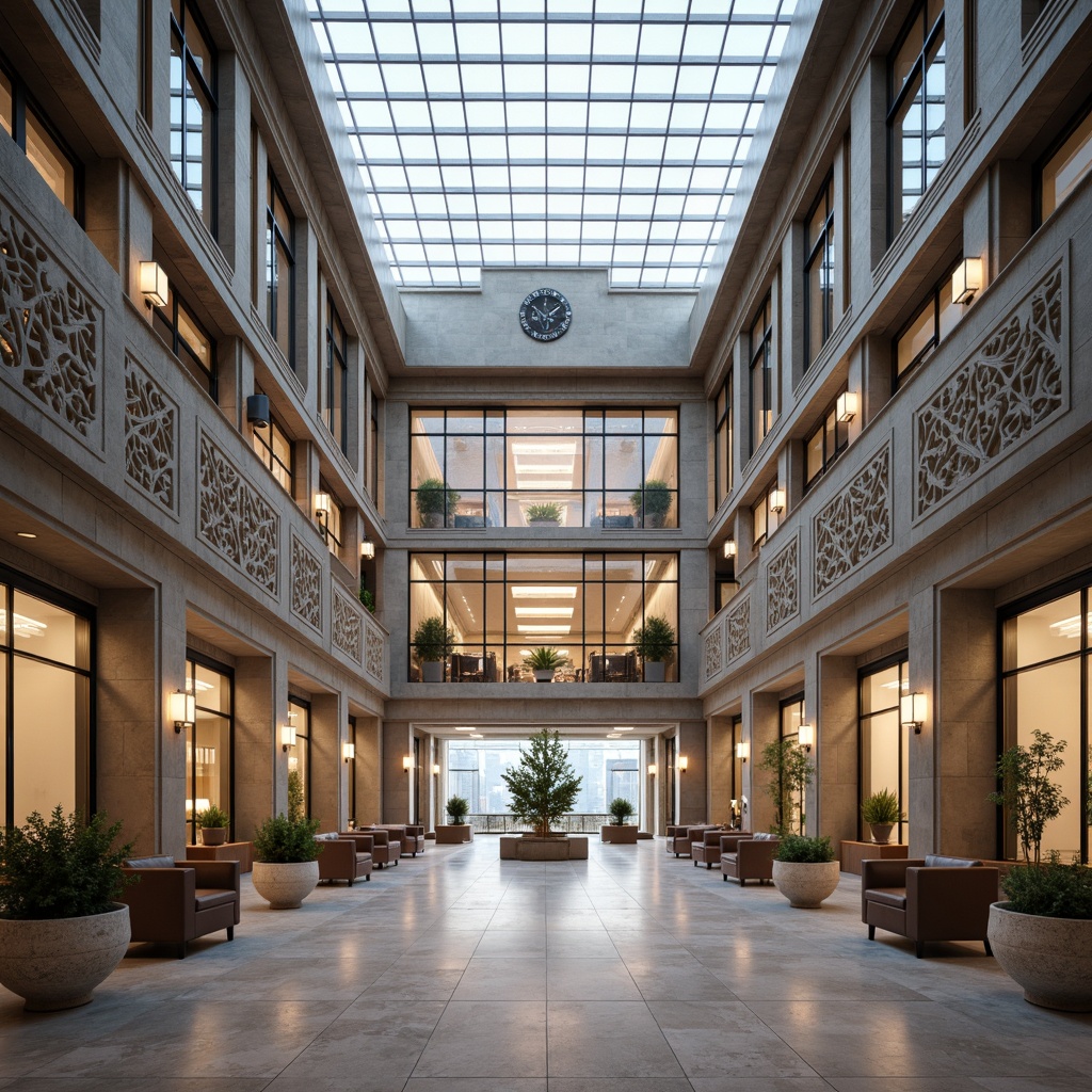 Prompt: Grand courthouse building, sleek contemporary design, polished granite fa\u00e7ade, large glass atrium, modern clock tower, intricate stone carvings, ornate metalwork details, rich wood accents, sophisticated lighting fixtures, spacious open interiors, high ceilings, minimalist furnishings, neutral color palette, natural light pouring in, shallow depth of field, 1/1 composition, symmetrical architecture, realistic textures, ambient occlusion.