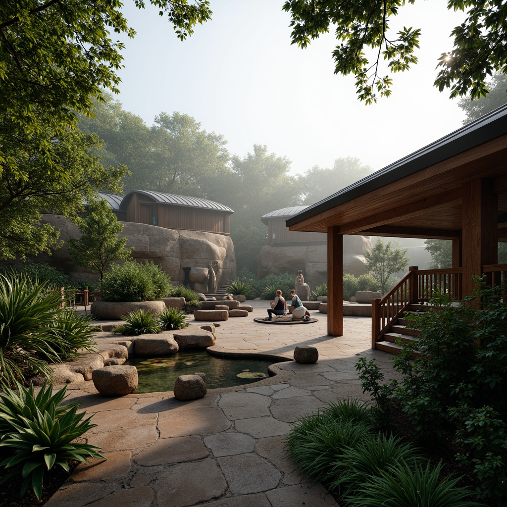 Prompt: Sleek zoo enclosures, natural stone walls, wooden fencing, lush greenery, tropical plants, misty atmosphere, soft warm lighting, shallow depth of field, 3/4 composition, panoramic view, realistic textures, ambient occlusion, animal habitats, organic shapes, earthy tones, water features, rustic wood accents, metal roofing, minimalist signage, educational graphics, interactive exhibits, visitor observation areas, natural ventilation systems, energy-efficient design.