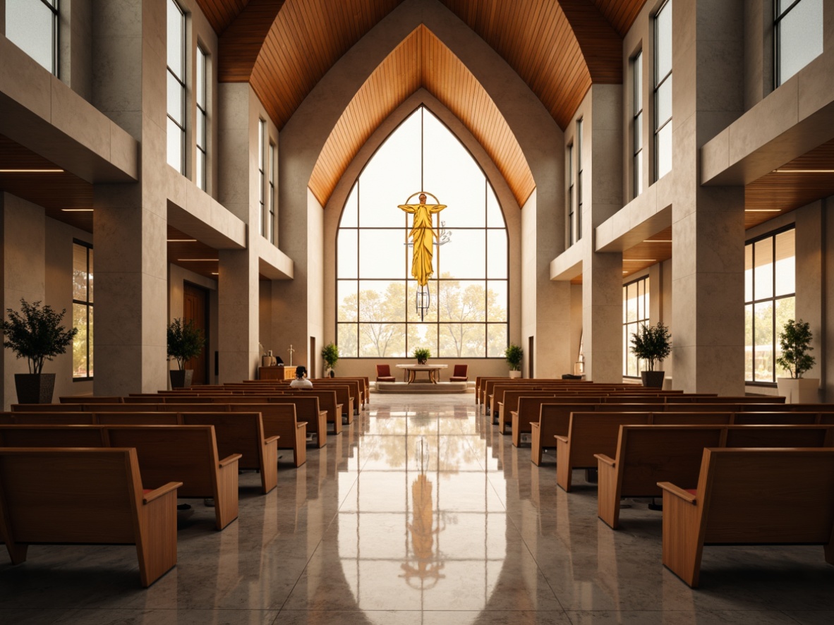 Prompt: Minimalist worship space, curved wooden pews, polished marble floors, vaulted ceilings, stained glass windows, warm LED lighting, abstract spiritual symbols, sleek metal accents, frosted glass partitions, natural stone walls, subtle texture patterns, earthy color palette, atmospheric fog effects, soft focus blur, 1/2 composition, symmetrical framing, realistic reflections.