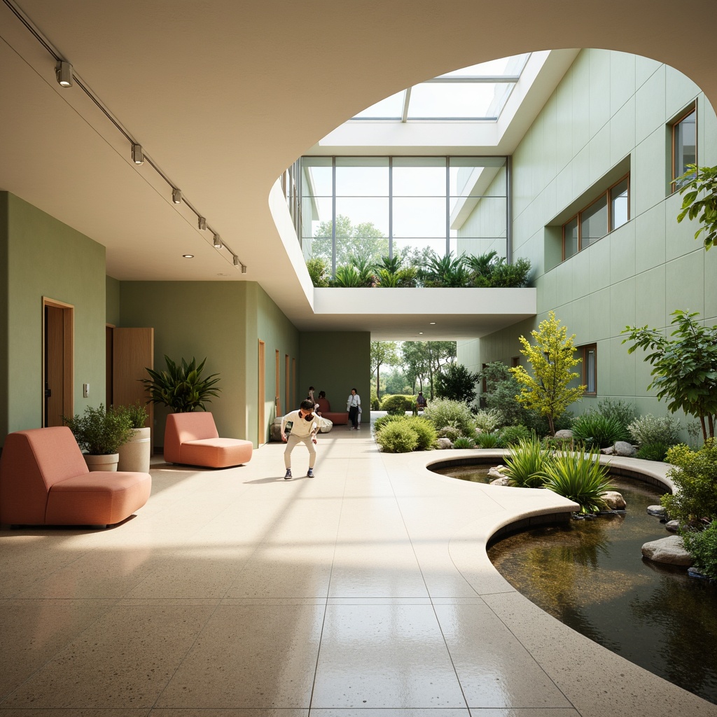 Prompt: Soothing healthcare facility, calming atmosphere, gentle curves, natural materials, earthy tones, sage green walls, creamy white ceilings, warm beige floors, soft peach accents, serene water features, lush greenery, abundant natural light, floor-to-ceiling windows, minimal ornamentation, organic shapes, rounded edges, non-institutional feel, comfortable seating areas, acoustic comfort, warm indirect lighting, shallow depth of field, 2/3 composition, realistic textures, ambient occlusion.