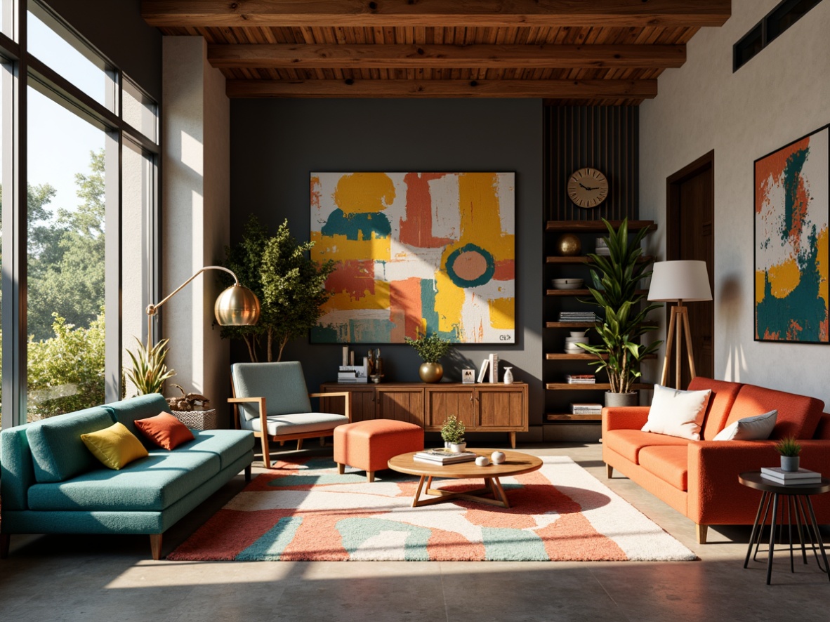 Prompt: Vibrant design studio, modern interior space, eclectic furniture pieces, bold color accents, rich wood tones, metallic finishes, abstract artwork, floor-to-ceiling windows, natural light pouring in, soft warm ambiance, 1/1 composition, realistic textures, ambient occlusion.