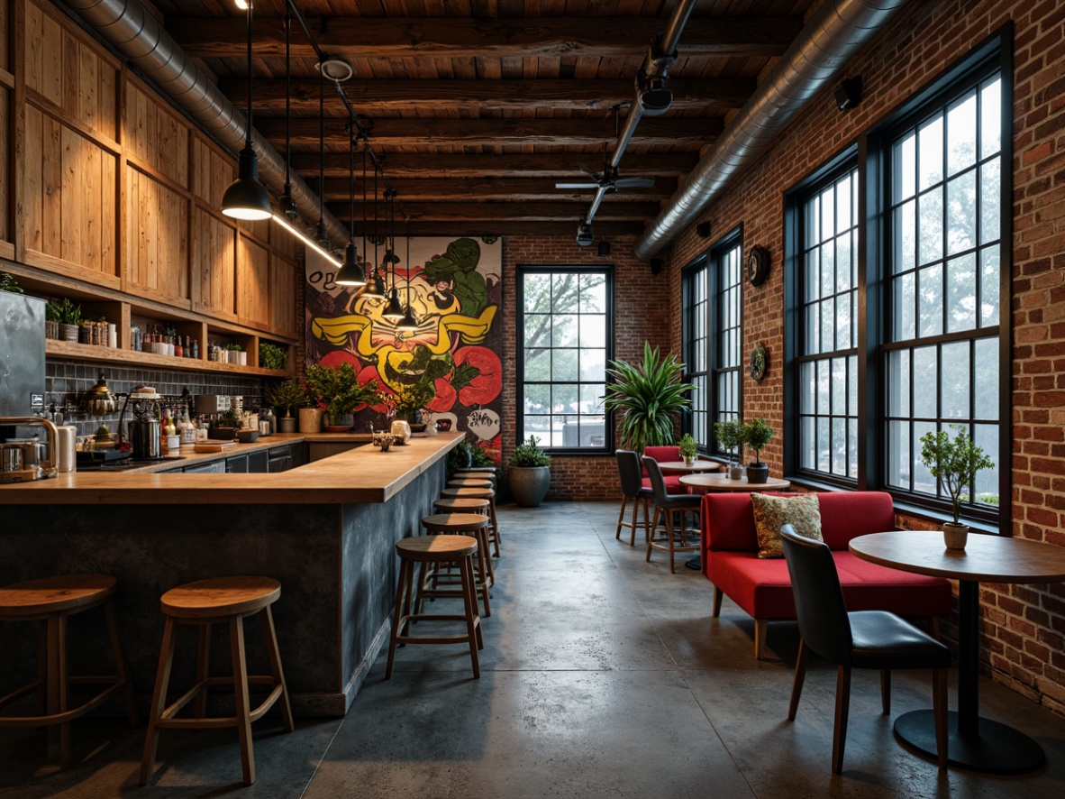 Prompt: Rustic wooden accents, distressed metal details, weathered stone walls, ornate tile patterns, vibrant graffiti murals, urban cityscape backdrop, modern industrial architecture, exposed brick textures, reclaimed wood beams, eclectic decorative elements, bold color contrasts, dramatic lighting effects, cinematic composition, high-contrast shadows, atmospheric foggy ambiance.