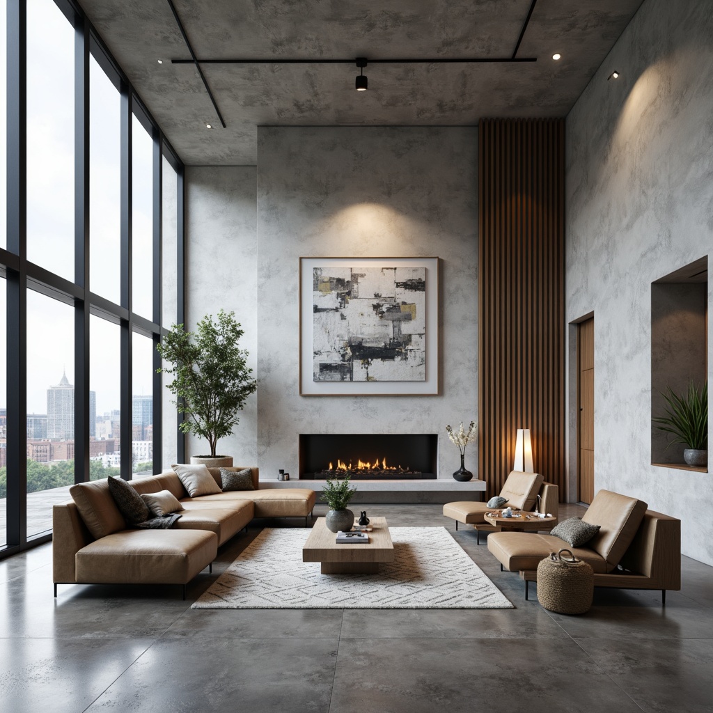 Prompt: Minimalist living room, sleek low-profile furniture, polished concrete floors, industrial chic decor, floor-to-ceiling windows, natural light pouring in, urban skyline views, geometric patterned rugs, monochromatic color scheme, metallic accents, hidden LED lighting, compact storage solutions, multi-functional spaces, open-plan layout, airy atmosphere, modern abstract artwork, 1/1 composition, softbox lighting, realistic reflections.