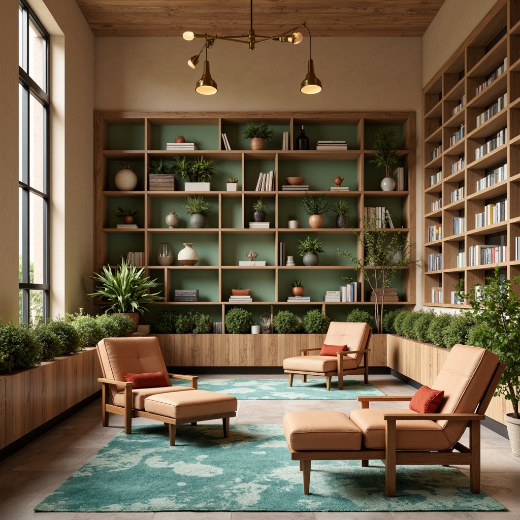 Prompt: Warm beige walls, rich walnut wood accents, soft mint green shelves, cozy reading nooks, plush armchairs, warm bronze lighting fixtures, natural stone floors, minimalist metal bookshelves, earthy terracotta planters, vibrant turquoise rugs, calming ambient light, shallow depth of field, 1/1 composition, realistic textures, subtle gradient effects.