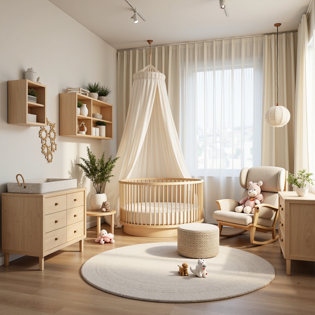 Prompt: Modern baby room, soft pastel colors, natural wood furniture, plush toys, crib with canopy, changing table, rocking chair, ottoman storage, wall-mounted shelves, minimalist decor, cream-colored curtains, warm lighting, shallow depth of field, 1/1 composition, intimate atmosphere, cozy textiles, gentle color palette, soothing ambiance.