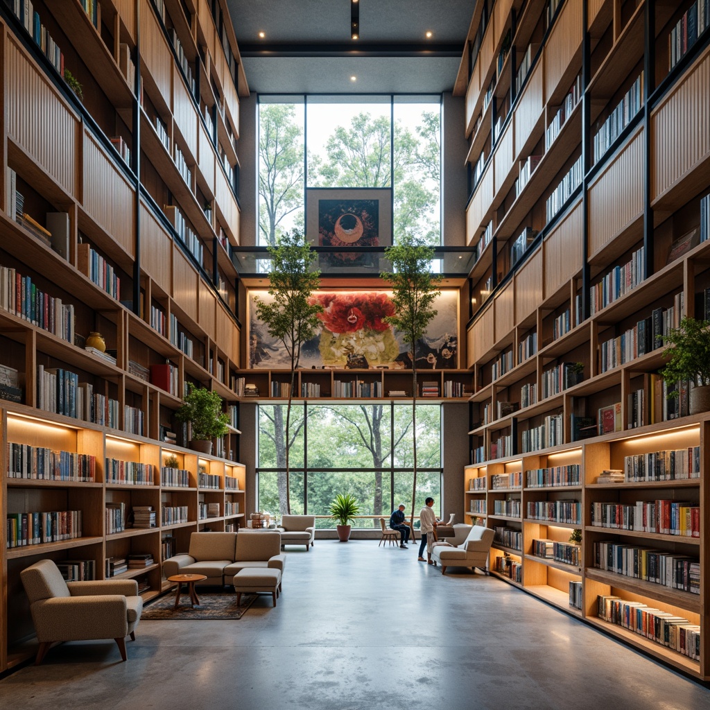 Prompt: Modern library interior, sleek shelving units, minimalist metal frames, wooden accents, subtle LED lighting, comfortable reading nooks, cozy corner seating, vibrant book spines, eclectic art pieces, polished concrete floors, floor-to-ceiling windows, natural daylight, 1/1 composition, shallow depth of field, realistic textures, ambient occlusion.