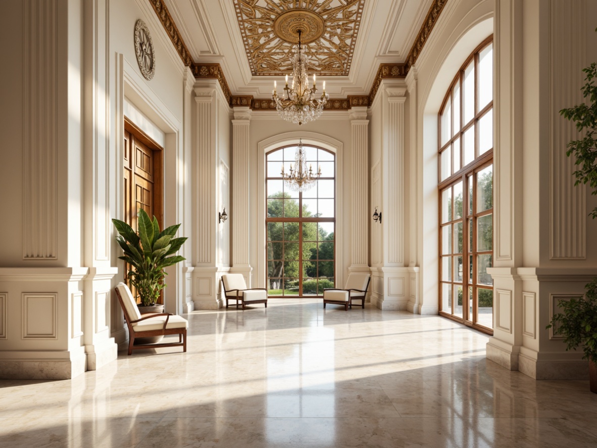 Prompt: Elegant interior space, ornate molding details, creamy white walls, rich wood accents, polished marble floors, stately columns, intricate ceiling patterns, lavish chandeliers, soft warm lighting, subtle shadows, 1/2 composition, shallow depth of field, realistic textures, ambient occlusion.