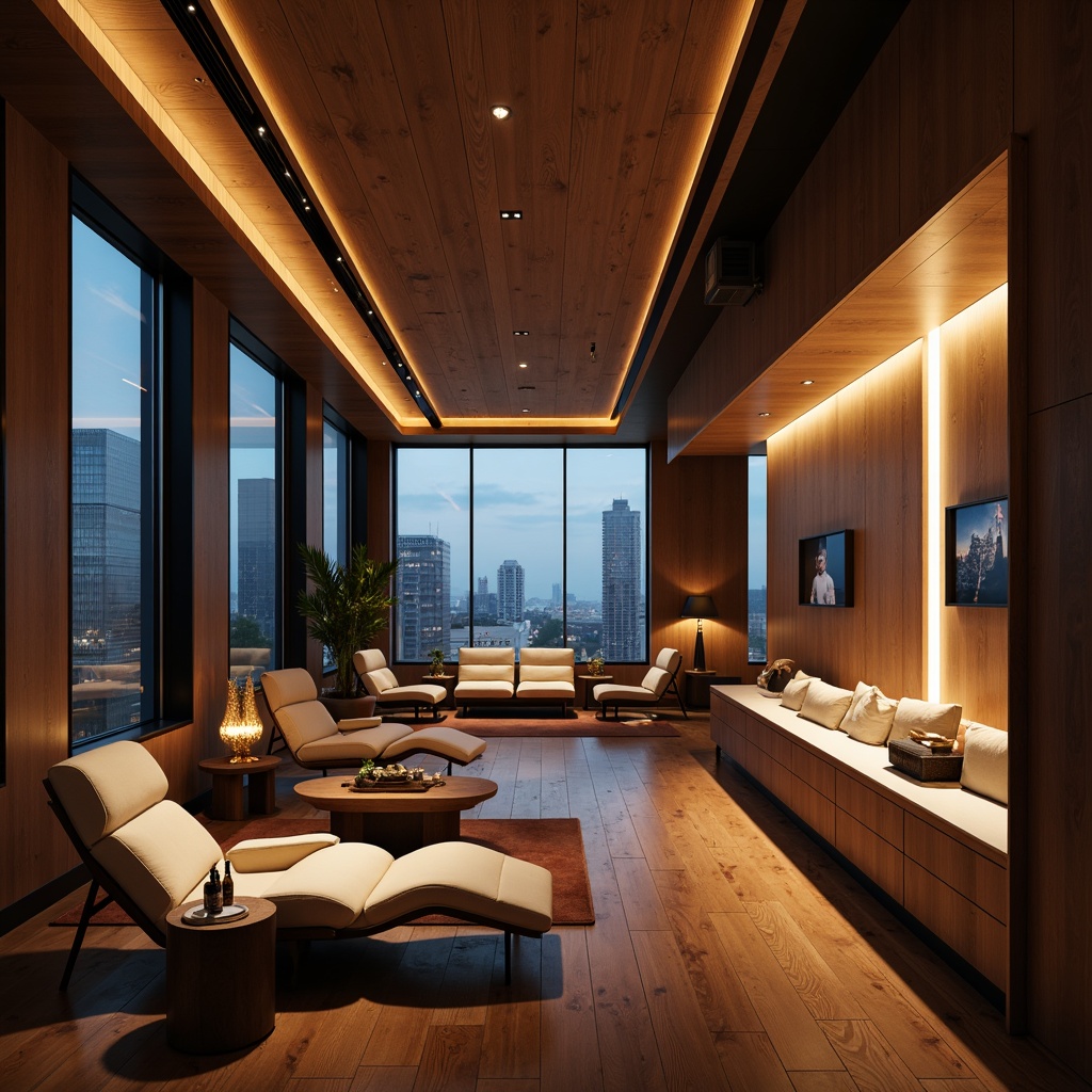 Prompt: Sleek modern interior, streamlined furniture, minimalist decor, warm ambient lighting, soft diffused glow, recessed LED lights, polished chrome accents, rich wood tones, luxurious textiles, floor-to-ceiling windows, cityscape views, dramatic verticality, 1/1 composition, cinematic lighting, subtle shadows, warm color palette, sophisticated atmosphere, lavish materials, elegant curves, refined lines, opulent details, high-end finishes.