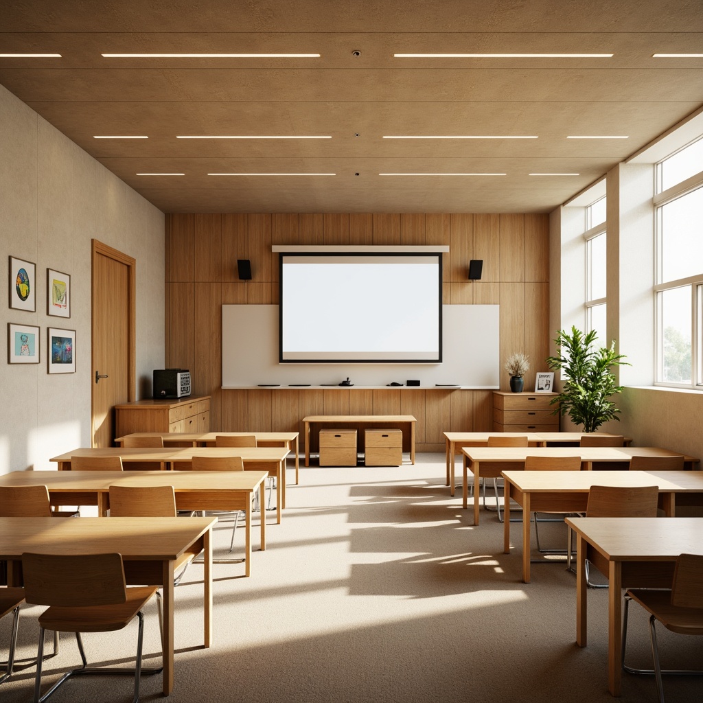 Prompt: Cozy classroom interior, sound-absorbing acoustic panels, wooden desks, ergonomic chairs, educational decorations, interactive whiteboards, natural light pouring in, warm beige walls, soft carpet flooring, minimalist design, optimized speaker placement, clear line of sight, reduced echo and reverberation, comfortable seating arrangement, calming color scheme, subtle ambient noise, 1/1 composition, shallow depth of field, realistic textures, ambient occlusion.