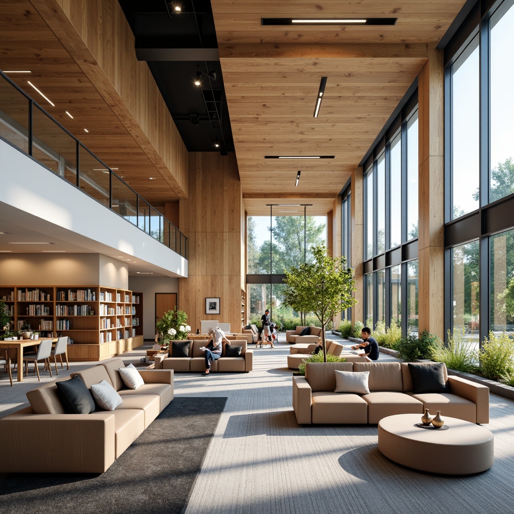 Prompt: Modern library interior, open floor plan, minimalist decor, natural wood accents, comfortable seating areas, quiet reading nooks, floor-to-ceiling bookshelves, compact storage systems, collaborative workspaces, flexible furniture arrangements, abundant natural light, soft warm lighting, energy-efficient LED fixtures, acoustic panels, sound-absorbing materials, calming color scheme, ergonomic study chairs, interactive digital displays, media walls, virtual reality zones, serene ambiance, shallow depth of field, 1/2 composition, realistic textures.