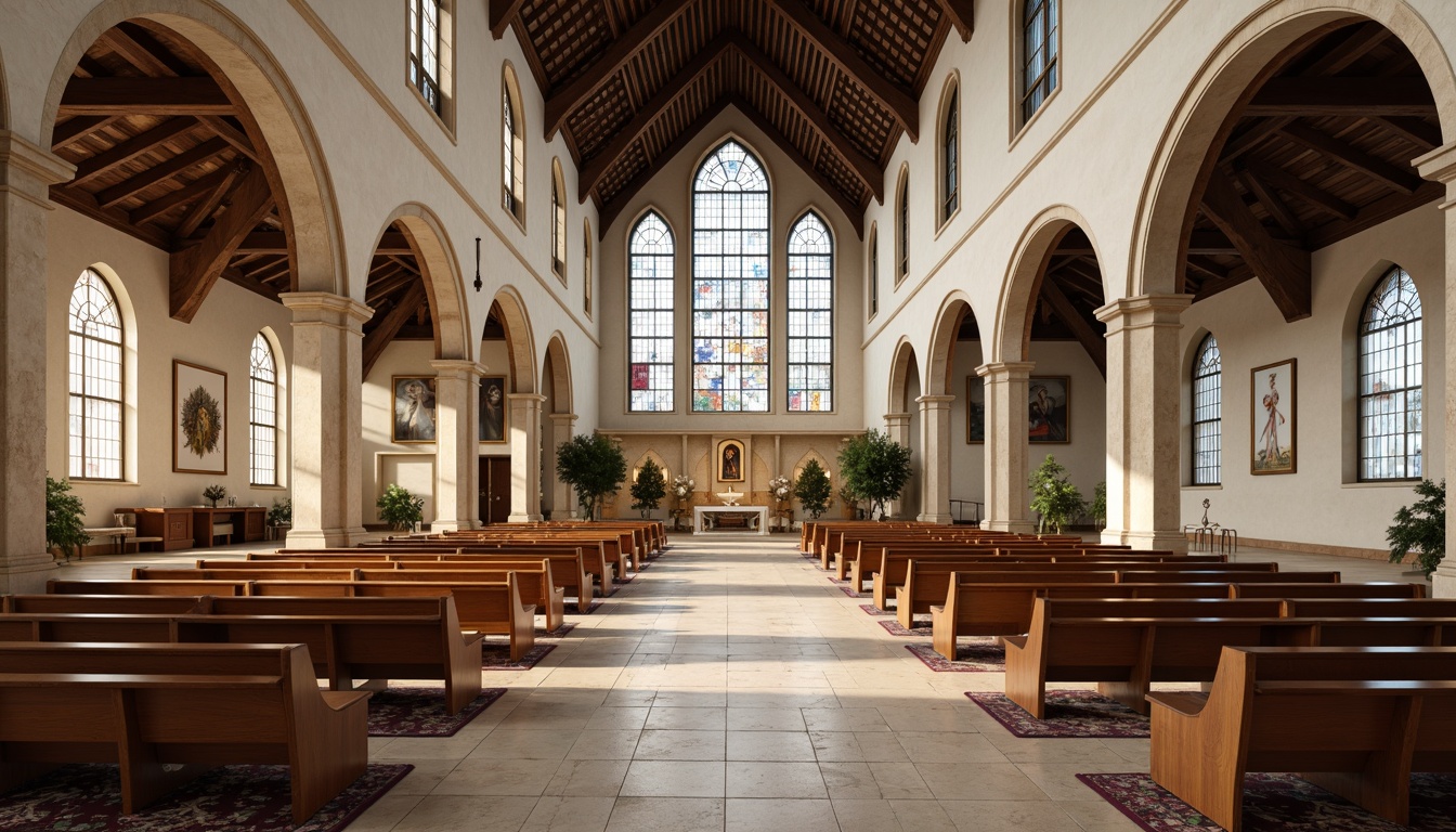 Prompt: Neutral-toned stone floors, warm wood accents, elegant archways, stained glass windows, traditional pews, modern worship spaces, subtle patterned rugs, creamy marble altars, rustic wooden beams, soft ambient lighting, 3/4 composition, shallow depth of field, realistic textures, ambient occlusion.