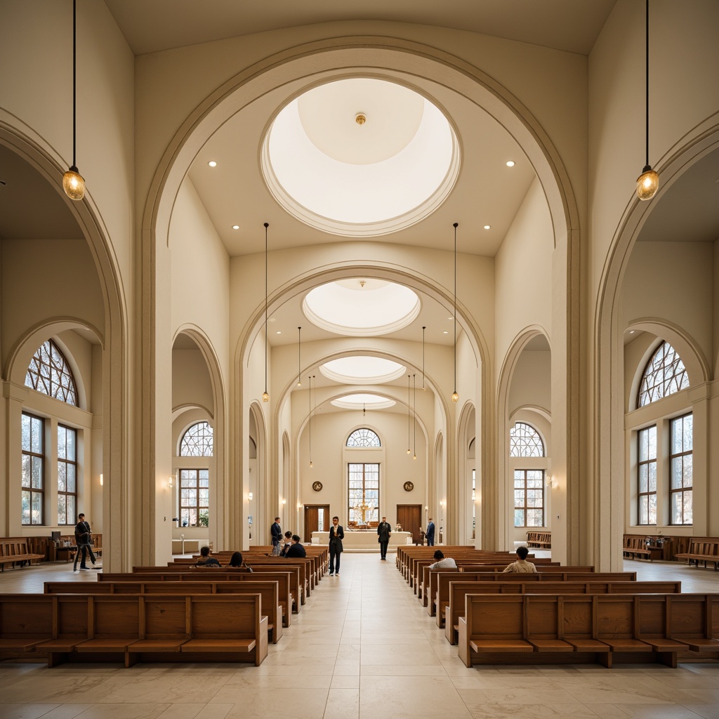 Prompt: Elegant worship space, curved lines, minimal ornamentation, cream-colored walls, polished marble floors, sleek metal light fixtures, suspended ceiling lights, recessed lighting, ambient illumination, stained glass windows, vaulted ceilings, grandiose archways, subtle color palette, peaceful atmosphere, soft warm glow, shallow depth of field, 1/2 composition, symmetrical framing, realistic textures, subtle reflections.