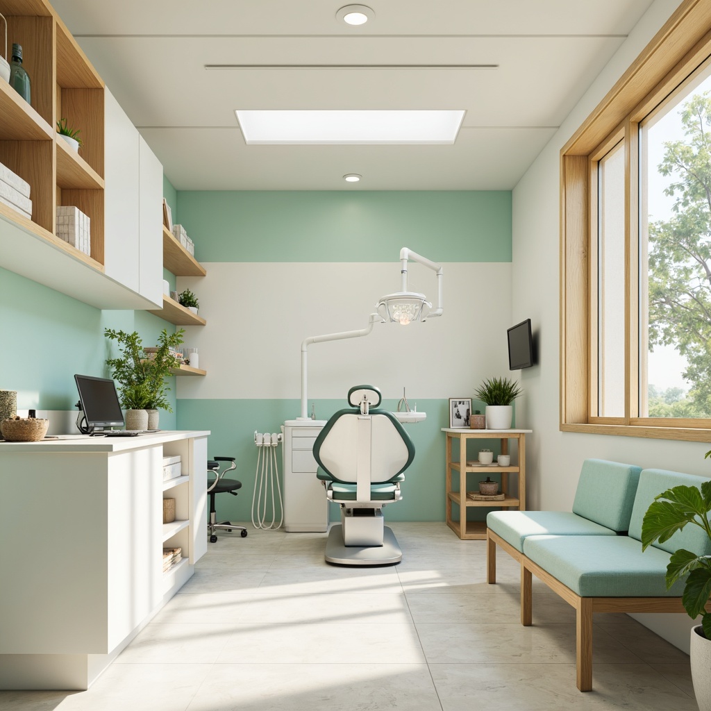 Prompt: Calming dental clinic, soft pastel colors, serene atmosphere, gentle lighting, creamy whites, pale blues, mint greens, warm beiges, natural wood accents, minimal ornamentation, sleek metal equipment, modern technology integration, sterile environment, calming textures, shallow depth of field, 1/1 composition, realistic rendering, ambient occlusion.