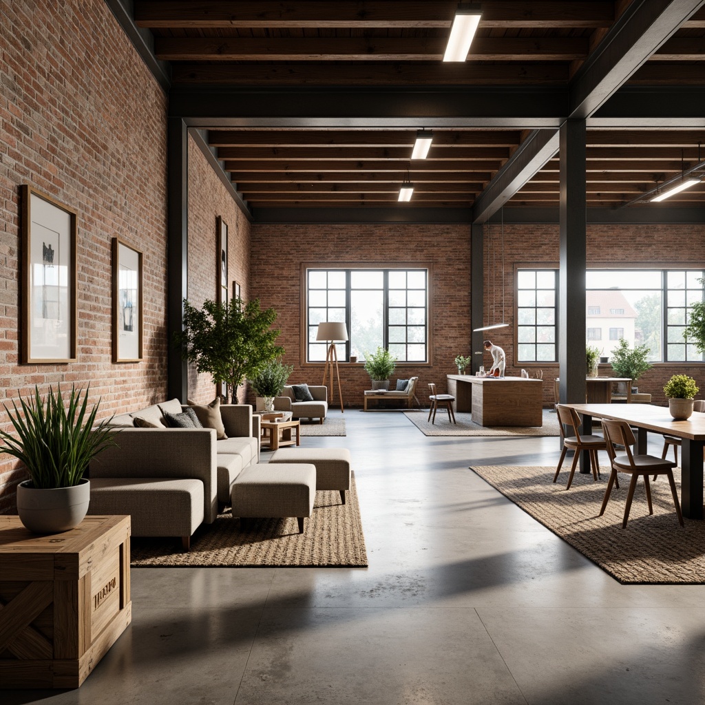 Prompt: Industrial warehouse, minimal decor, Scandinavian aesthetic, exposed brick walls, polished concrete floors, wooden accents, steel beams, industrial lighting fixtures, neutral color palette, sleek lines, functional furniture, cozy textiles, natural materials, earthy tones, rustic wooden crates, potted greenery, warm ambient lighting, shallow depth of field, 2/3 composition, realistic textures, subtle reflections.