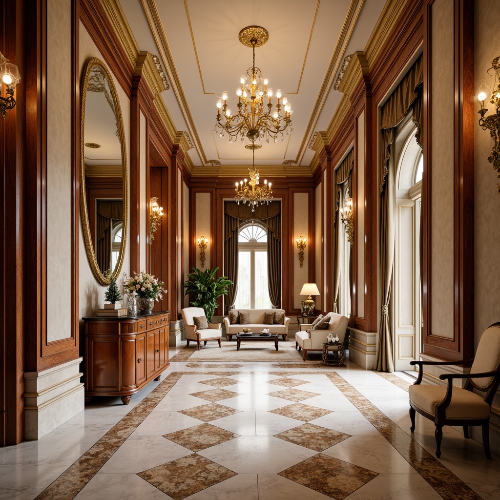 Prompt: Elegant mansion, high ceilings, ornate moldings, marble floors, polished hardwood, herringbone patterns, rich walnut wood, intricate inlays, creamy limestone, soft beige carpets, lavish furnishings, crystal chandeliers, warm golden lighting, shallow depth of field, 1/1 composition, realistic textures, ambient occlusion.