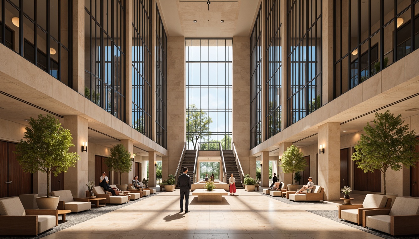 Prompt: Grand courthouse building, contemporary style, sleek glass facades, metallic accents, modern columns, spacious entrance hallways, high ceilings, marble flooring, elegant staircases, ornate chandeliers, warm neutral color palette, natural stone walls, abstract geometric patterns, sophisticated ambiance, soft box lighting, shallow depth of field, 1/1 composition, realistic textures, ambient occlusion.