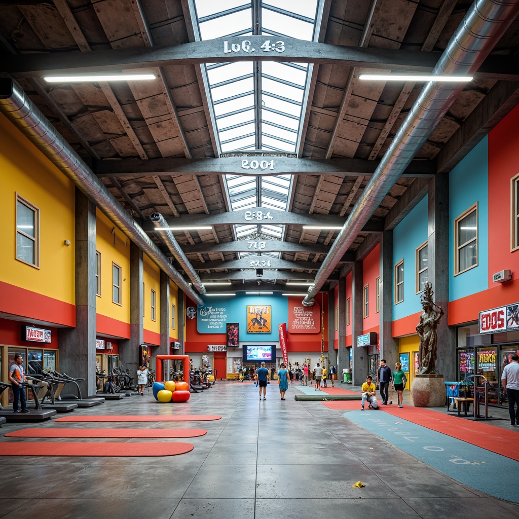 Prompt: Spacious gymnasium interior, postmodernist architecture, vibrant color scheme, bold geometric shapes, irregular column layout, exposed ductwork, polished concrete floors, sleek metal beams, abundant natural light, clerestory windows, industrial-style lighting fixtures, modern fitness equipment, free weights, treadmills, exercise mats, athletic track lanes, basketball hoops, soccer goals, scoreboard displays, motivational quotes, urban graffiti artwork, abstract sculptures, eclectic furniture arrangements, dynamic spatial flow, 2/3 composition, dramatic shadows, high-contrast lighting.