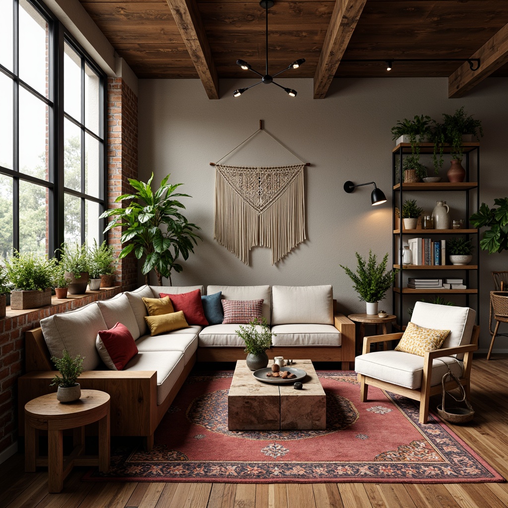 Prompt: Cozy eclectic living room, vintage furniture, distressed wood accents, plush area rugs, colorful throw pillows, macrame wall hangings, industrial metal lighting, exposed brick walls, modern minimalist shelves, greenery-filled planters, natural stone coffee tables, oversized windows, soft warm lighting, 1/1 composition, intimate atmosphere, realistic textures, ambient occlusion.