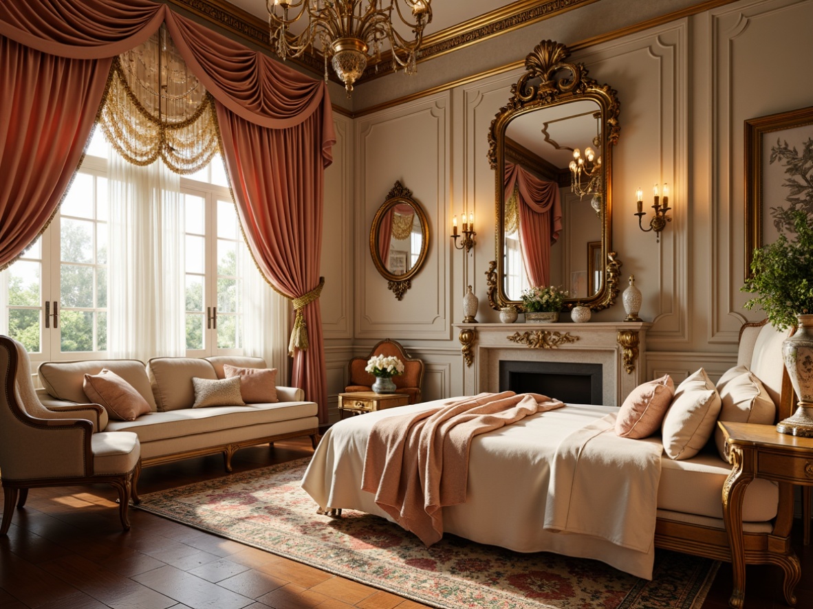 Prompt: Opulent boudoir, lavish furnishings, intricately carved wooden panels, gilded mirrors, ornate chandeliers, soft velvet drapes, delicate porcelain vases, curved lines, ornamental patterns, pastel color palette, warm golden lighting, shallow depth of field, 1/2 composition, romantic atmosphere, realistic textures, subtle ambient occlusion.