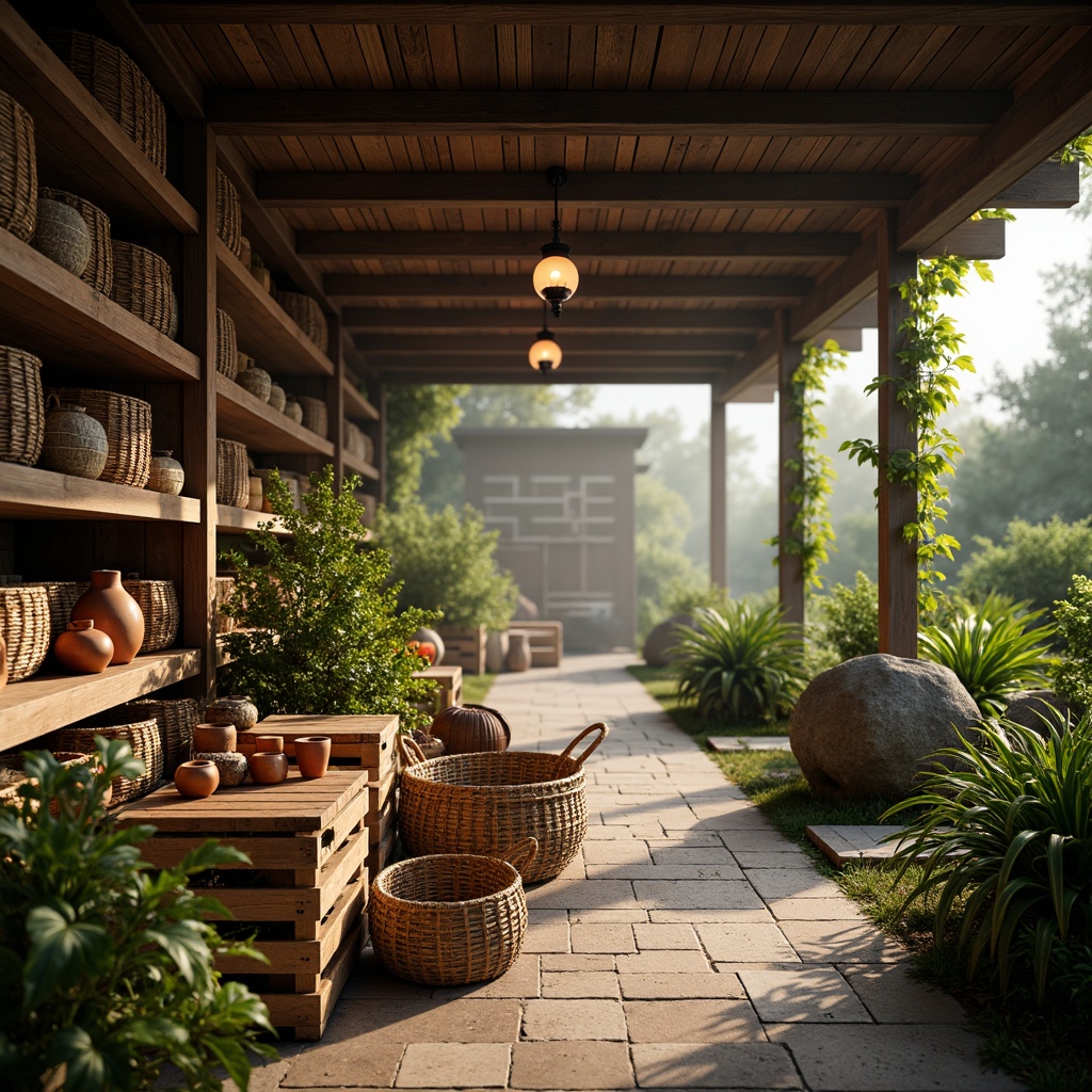 Prompt: Traditional Asian-style distribution center, rustic wooden crates, woven bamboo baskets, natural jute fabrics, earthy terracotta pots, distressed metal accents, reclaimed wood shelves, warm lantern lighting, soft ambient glow, shallow depth of field, 1/1 composition, realistic textures, subtle normal mapping, vibrant greenery, lush tropical plants, misty atmosphere, early morning light, gentle warm breeze.