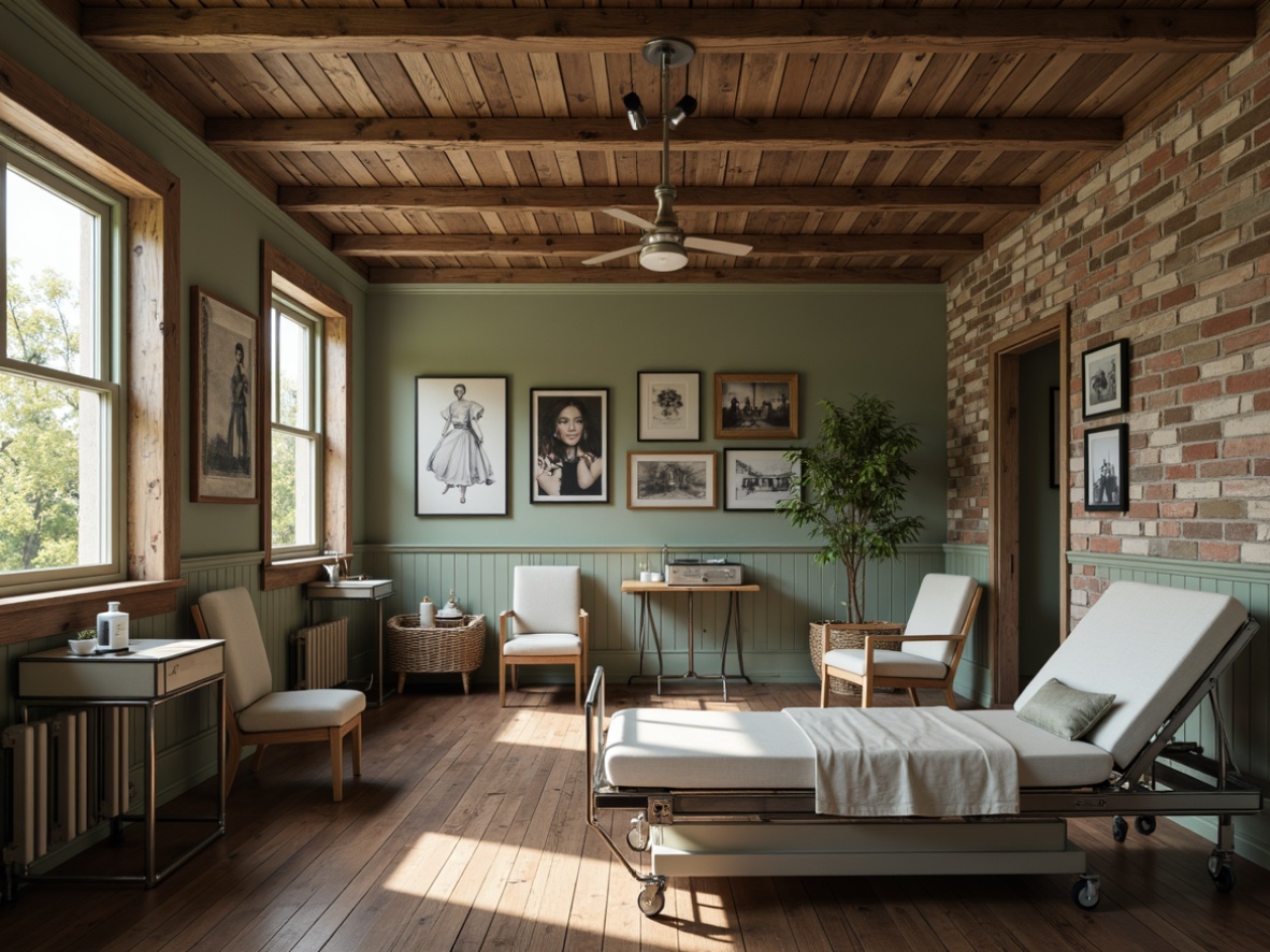 Prompt: Rustic hospital interior, distressed wood tones, vintage metal frames, plush upholstery, soft pastel colors, elegant linen fabrics, antique medical equipment, wooden floors, brick walls, natural stone accents, warm cozy lighting, shallow depth of field, 1/1 composition, intimate atmosphere, realistic textures, ambient occlusion.