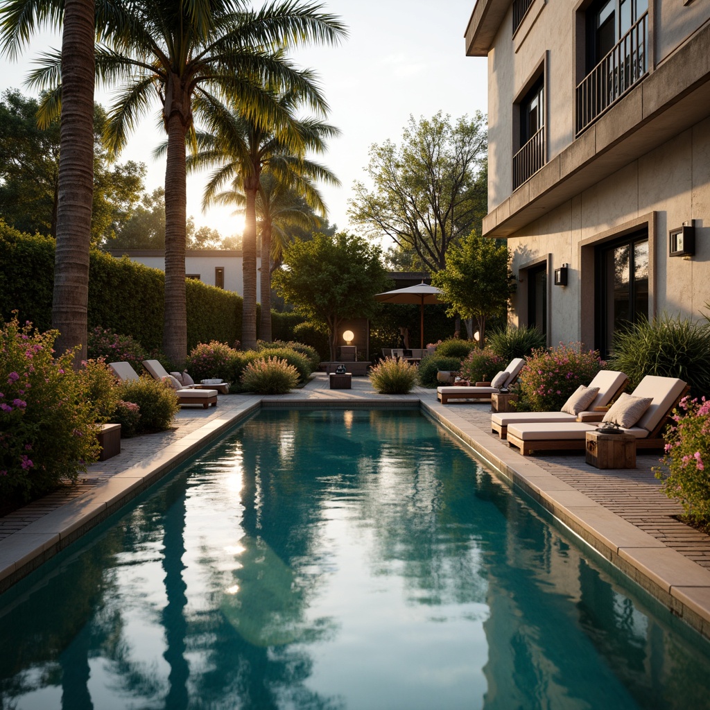 Prompt: Elegant poolside ambiance, warm golden lighting, soft luminescent glow, ornate lanterns, vintage metal fixtures, distressed stone coping, crystal clear water, gentle ripples, surrounding lush greenery, blooming flowers, towering palm trees, comfortable lounge chairs, plush outdoor pillows, rustic wooden deck, natural stone walls, classical architecture, symmetrical composition, 1/2 camera angle, warm sunny day, soft focus effect, subtle shadowing.